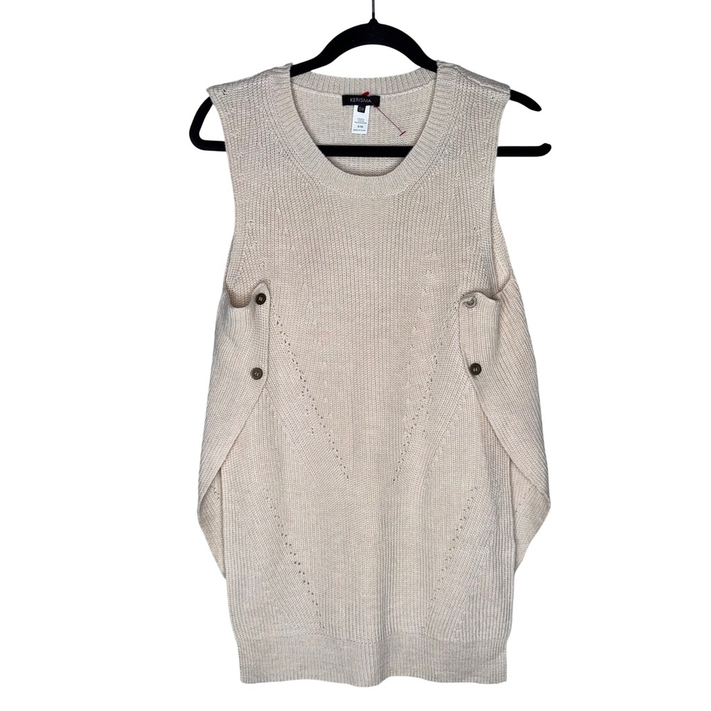 Kerisma Cream Beige Knit Sweater Vest Side Button Pointelle‎ Wool Blend S/M